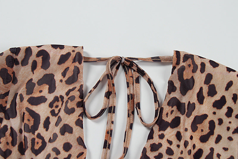 V neck leopard print long sleeve hollow out cut out maxi dress  | Festival Outfits Women