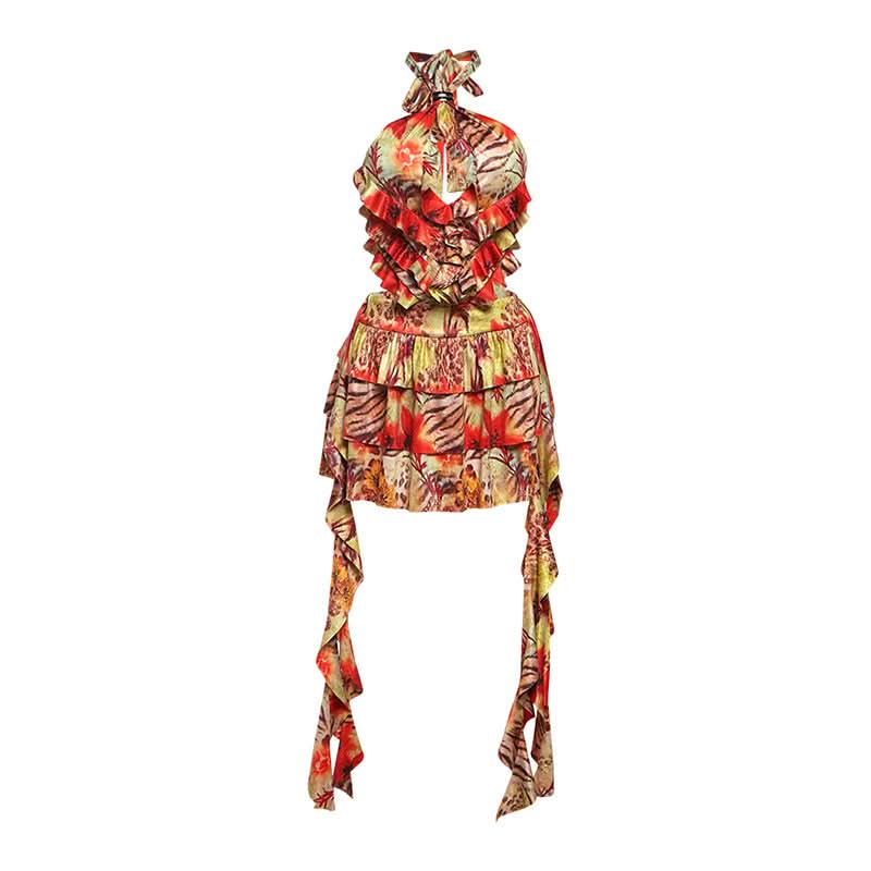 Hollow out halter self tie ruffle print cut out mini dress  | Festival Outfits Women