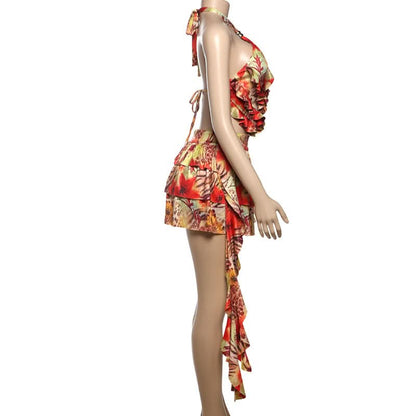 Hollow out halter self tie ruffle print cut out mini dress  | Festival Outfits Women