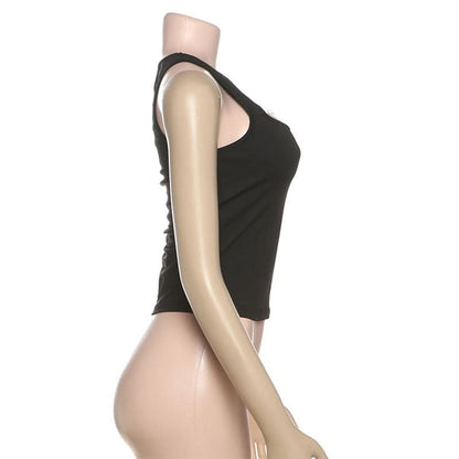Crewneck hollow out metal chain solid cut out top  | Festival Outfits Women