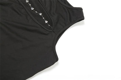 Crewneck hollow out metal chain solid cut out top  | Festival Outfits Women
