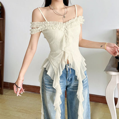 Off shoulder ruffle solid ruched cami top  | Festival Outfits Women