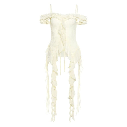 Off shoulder ruffle solid ruched cami top  | Festival Outfits Women