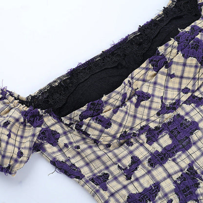 Off shoulder plaid print lace hem top  | Festival Outfits Women