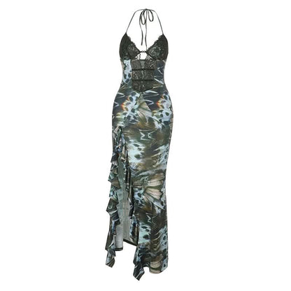 Halter self tie ruffle print v neck maxi dress  | Festival Outfits Women
