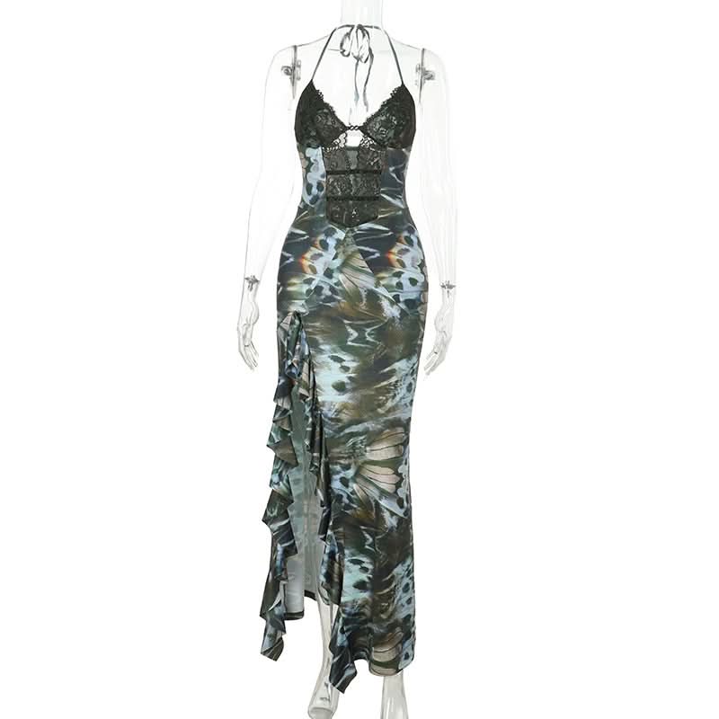 Halter self tie ruffle print v neck maxi dress  | Festival Outfits Women