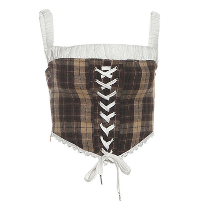 Plaid lace up zip-up cami top  | Festival Outfits Women
