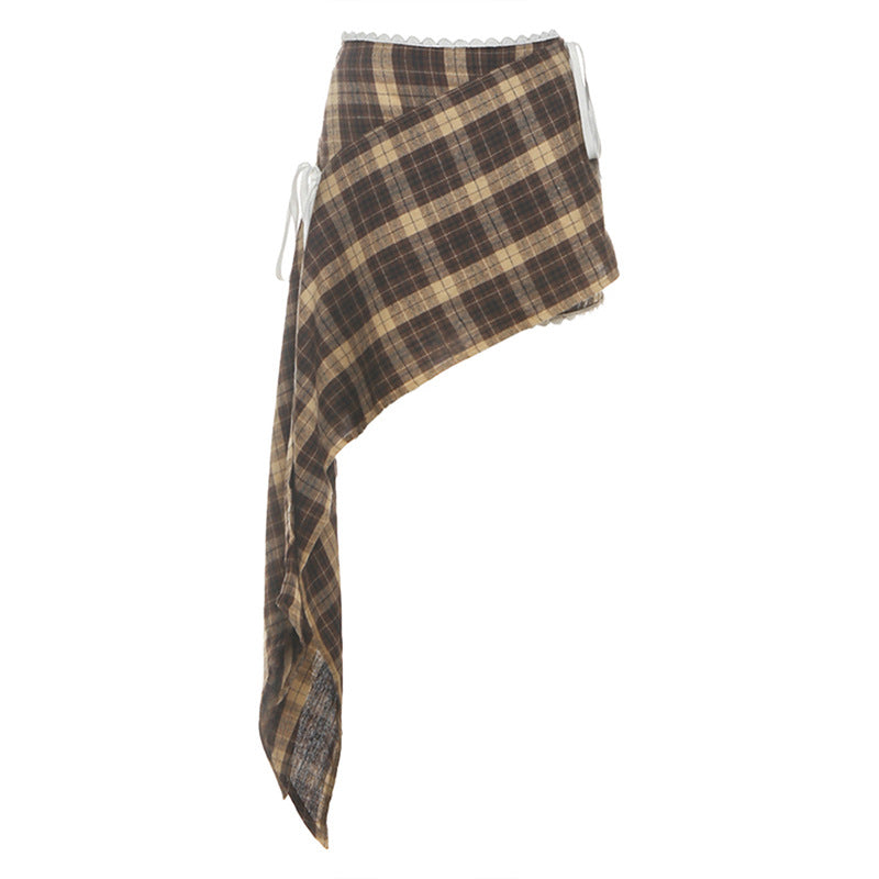 Plaid irregular zip-up lace hem mini skirt  | Festival Outfits Women