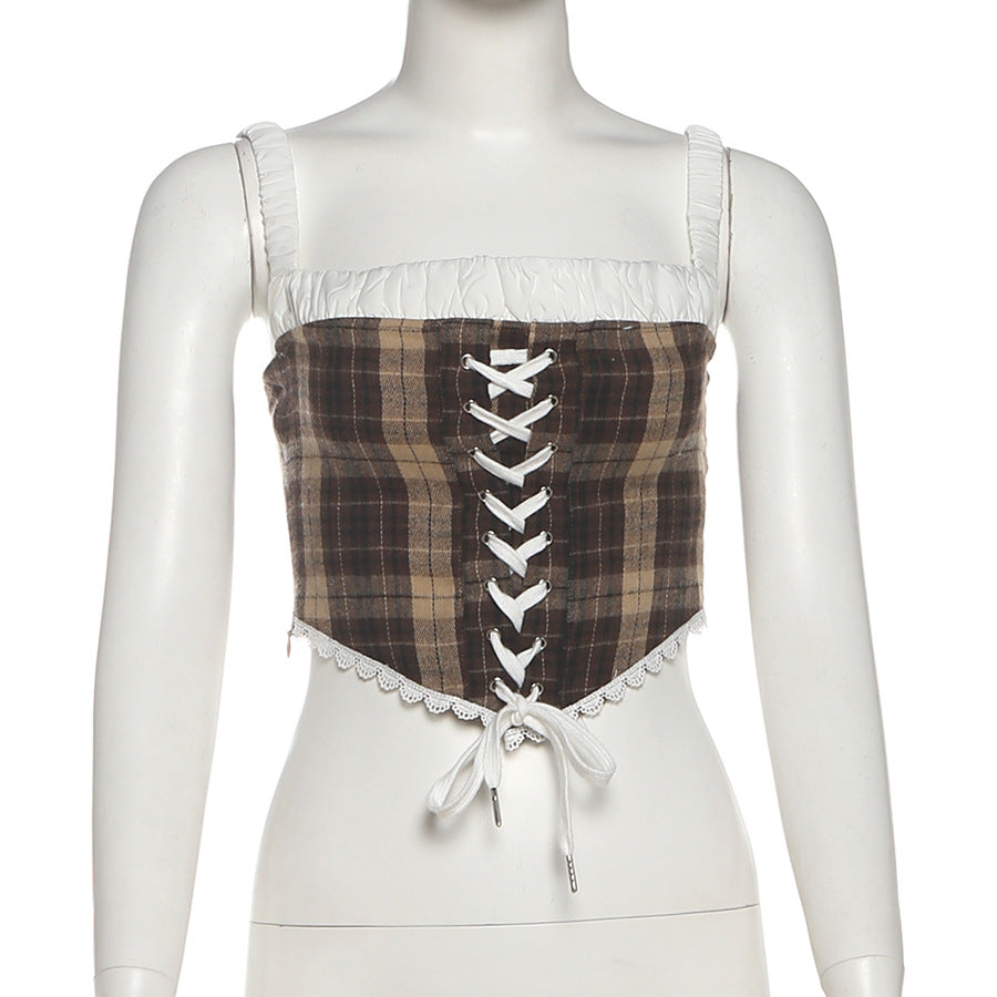 Plaid lace up zip-up cami top  | Festival Outfits Women