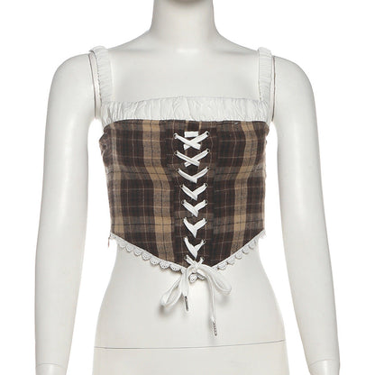 Plaid lace up zip-up cami top  | Festival Outfits Women