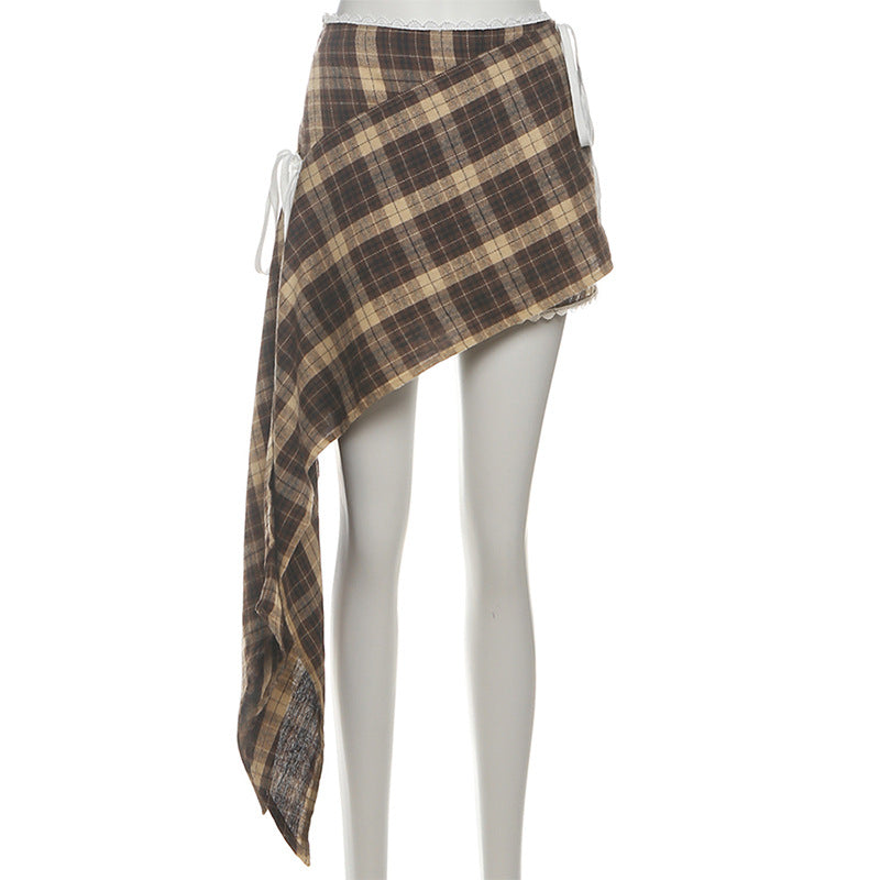 Plaid irregular zip-up lace hem mini skirt  | Festival Outfits Women