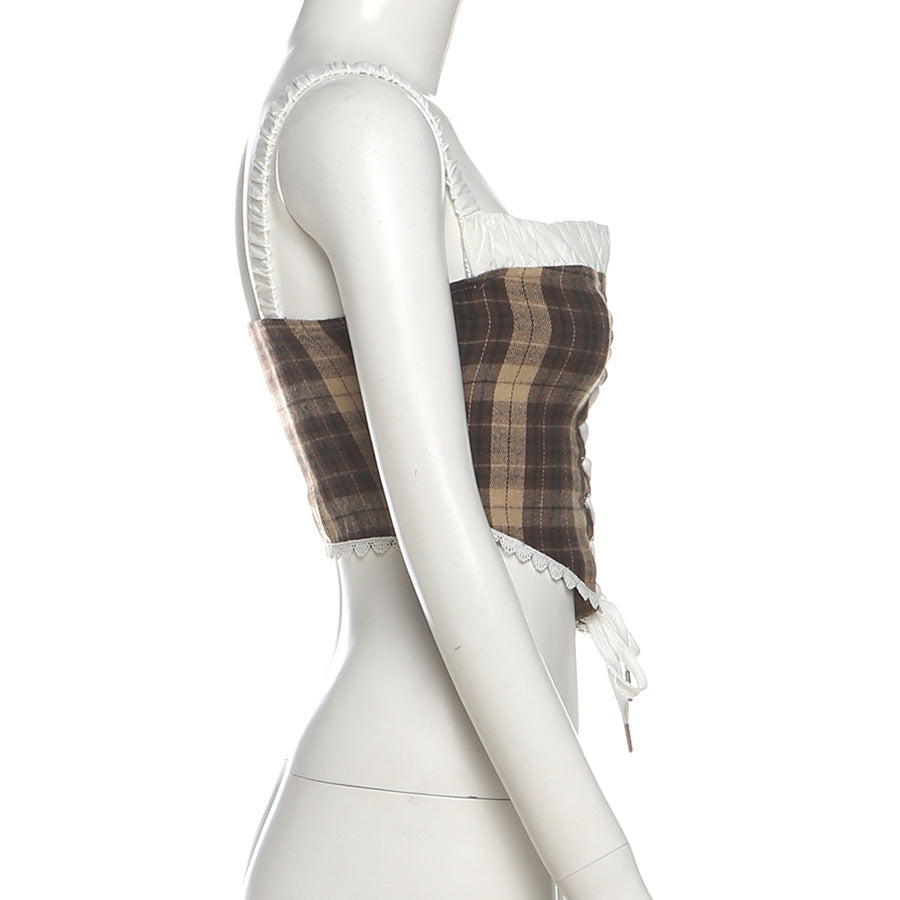 Plaid lace up zip-up cami top  | Festival Outfits Women