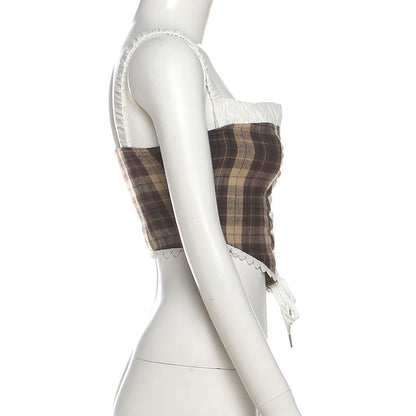 Plaid lace up zip-up cami top  | Festival Outfits Women