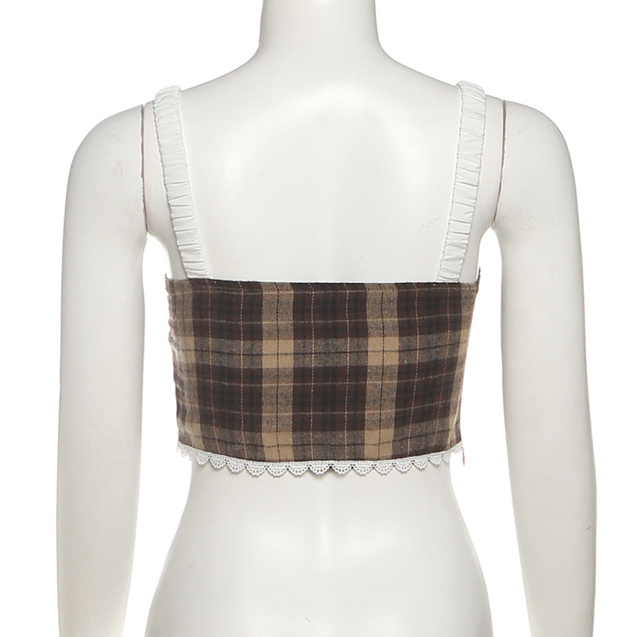 Plaid lace up zip-up cami top  | Festival Outfits Women