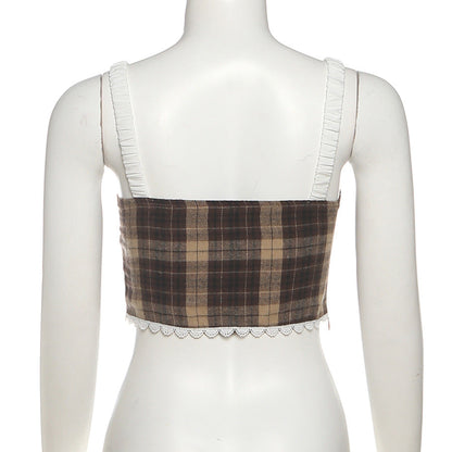 Plaid lace up zip-up cami top  | Festival Outfits Women