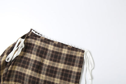 Plaid irregular zip-up lace hem mini skirt  | Festival Outfits Women