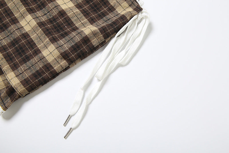 Plaid irregular zip-up lace hem mini skirt  | Festival Outfits Women