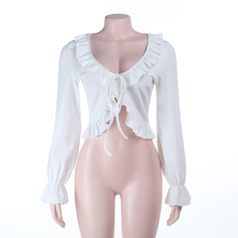 Long flared sleeve v neck ruffle ruched top  | Festival Outfits Women