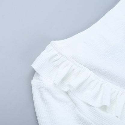 Long flared sleeve v neck ruffle ruched top  | Festival Outfits Women