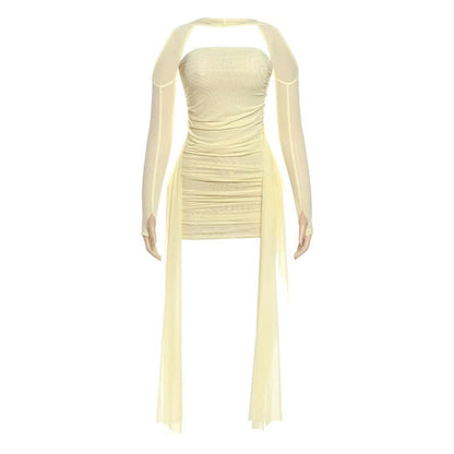 Mesh ruched gloves backless tube mini dress  | Festival Outfits Women