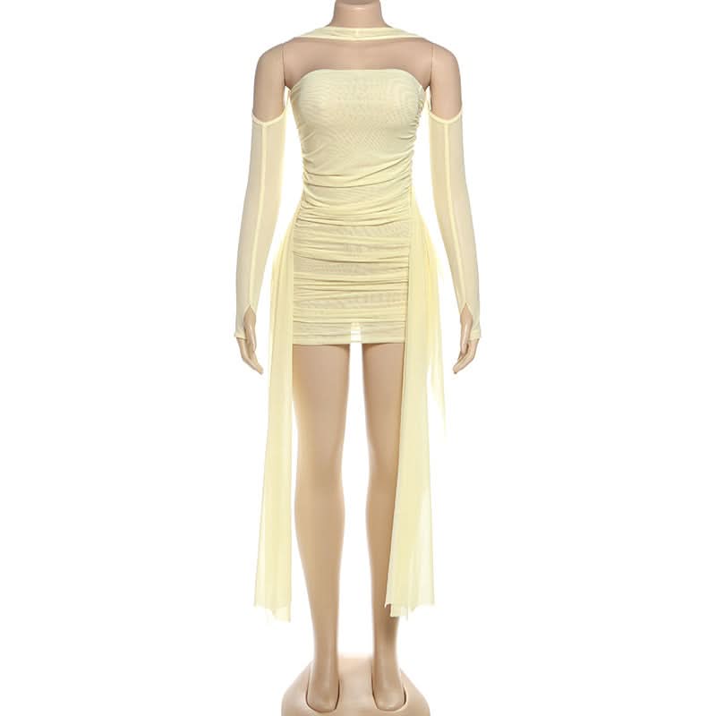 Mesh ruched gloves backless tube mini dress  | Festival Outfits Women