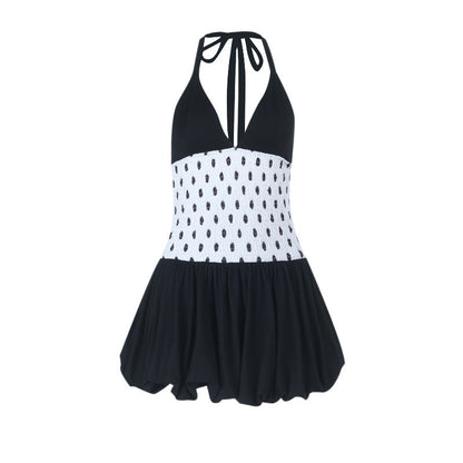 Halter polka dot v neck smocked mini dress  | Festival Outfits Women