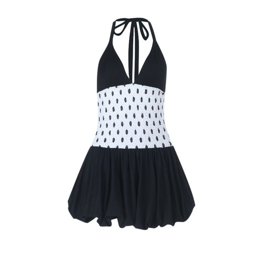 Halter polka dot v neck smocked mini dress  | Festival Outfits Women
