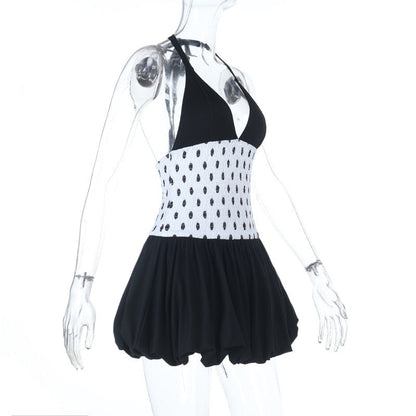 Halter polka dot v neck smocked mini dress  | Festival Outfits Women