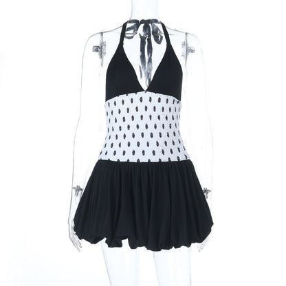 Halter polka dot v neck smocked mini dress  | Festival Outfits Women