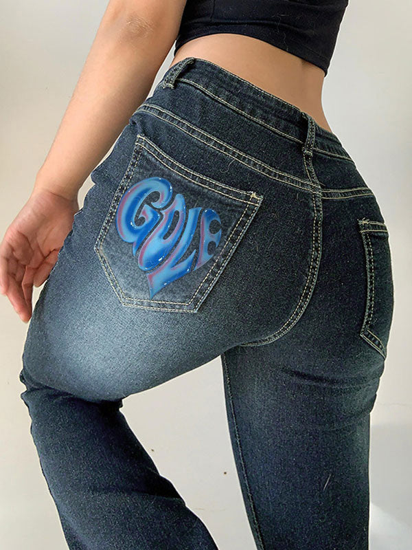 Love Print Washed Low Waist Flare Jeans