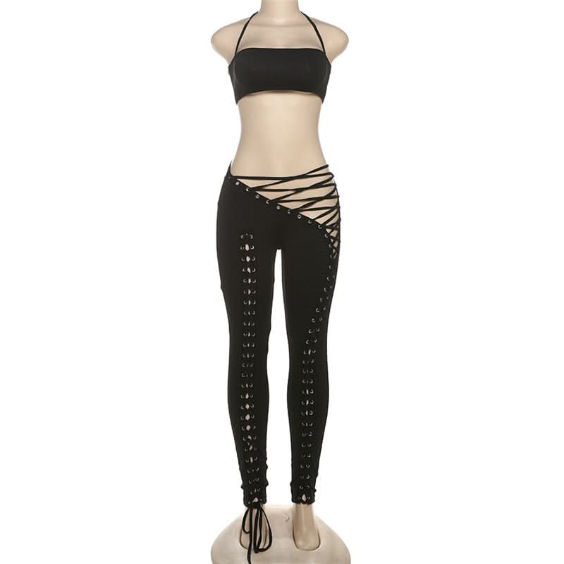 Self tie halter square neck lace up pant set  | Festival Outfits Women