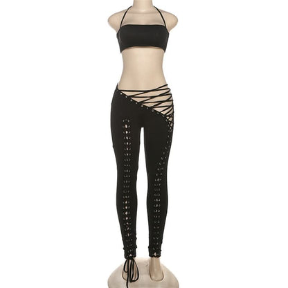 Self tie halter square neck lace up pant set  | Festival Outfits Women