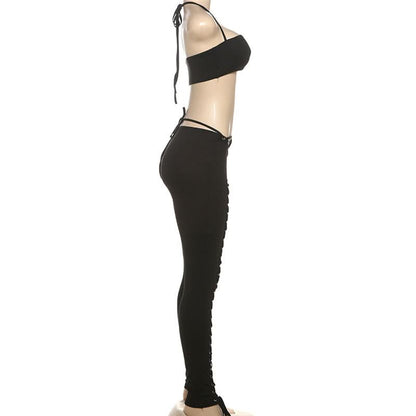 Self tie halter square neck lace up pant set  | Festival Outfits Women