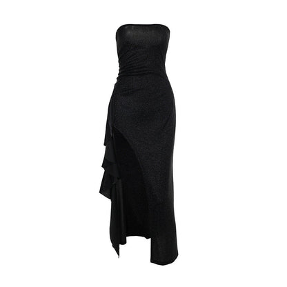 Glitter high slit ruffle tube maxi dress  | Festival Outfits Women