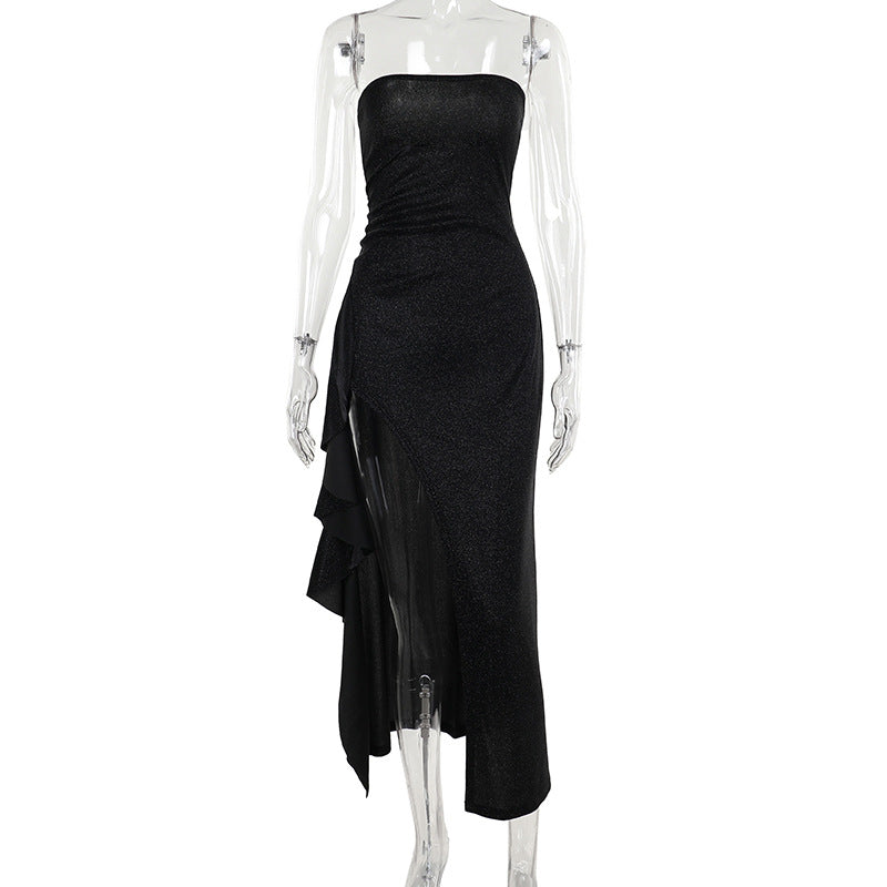 Glitter high slit ruffle tube maxi dress  | Festival Outfits Women