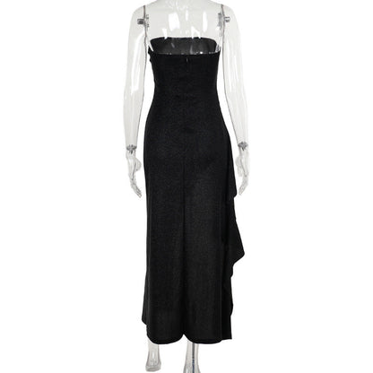 Glitter high slit ruffle tube maxi dress  | Festival Outfits Women