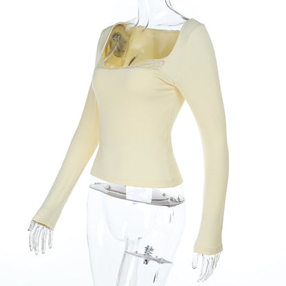 Lace hem long sleeve solid top  | Festival Outfits Women