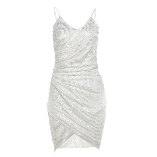 Ruched glitter v neck zip-up cami mini dress  | Festival Outfits Women