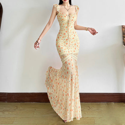 Mesh print ruched self tie lace hem maxi dress  | Festival Outfits Women
