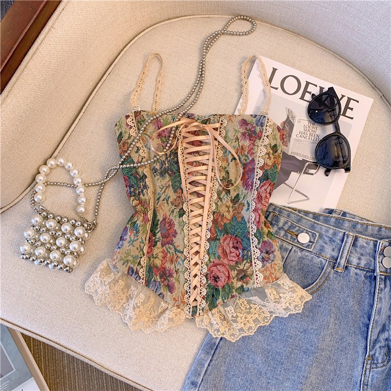 Lace up smocked lace hem flower pattern cami top  | Festival Outfits Women