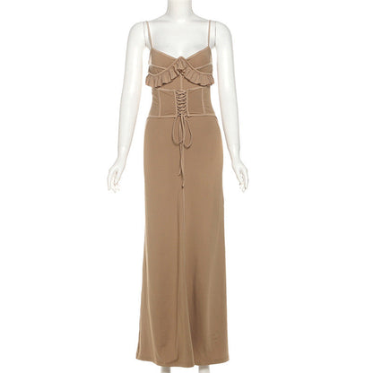 Lace up ruffle solid cami maxi dress  | Festival Outfits Women