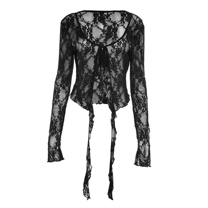 Long sleeve lace ruffle self tie top  | Festival Outfits Women