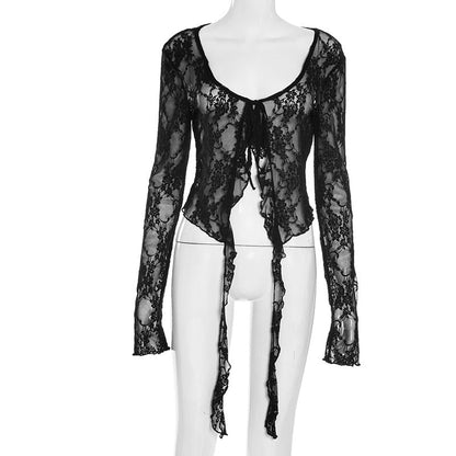 Long sleeve lace ruffle self tie top  | Festival Outfits Women