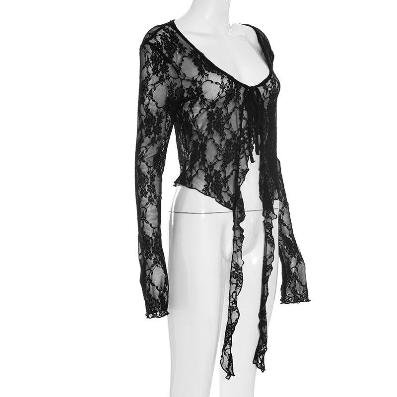 Long sleeve lace ruffle self tie top  | Festival Outfits Women