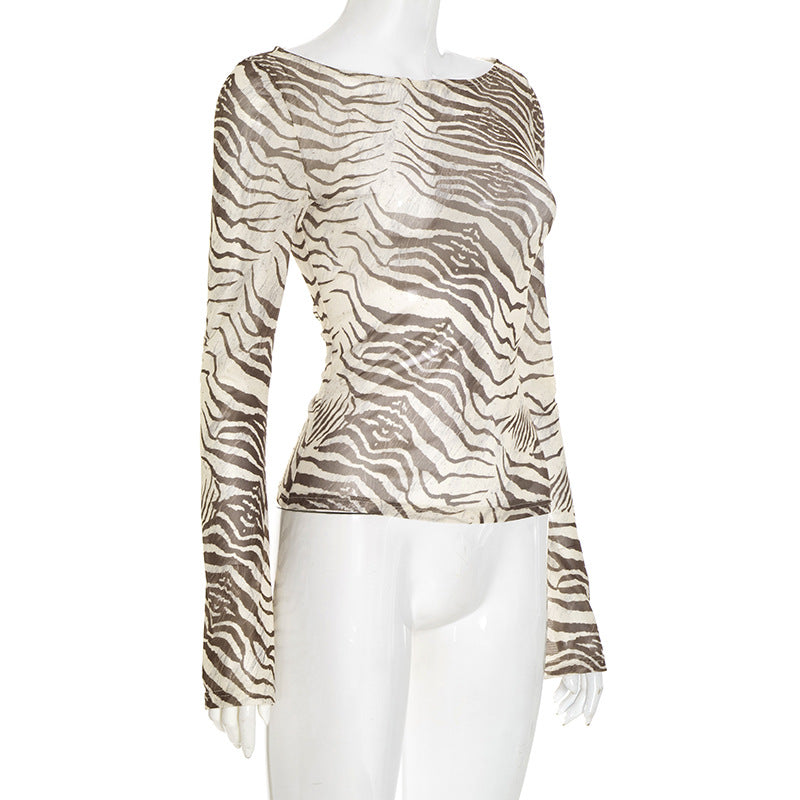 Long sleeve striped print mesh top  | Festival Outfits Women