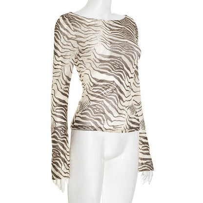 Long sleeve striped print mesh top  | Festival Outfits Women