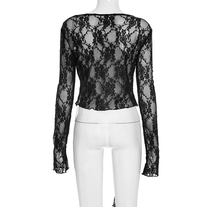 Long sleeve lace ruffle self tie top  | Festival Outfits Women