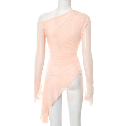 One shoulder long sleeve mesh irregular top  | Festival Outfits Women