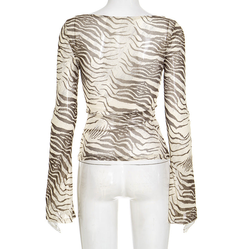Long sleeve striped print mesh top  | Festival Outfits Women