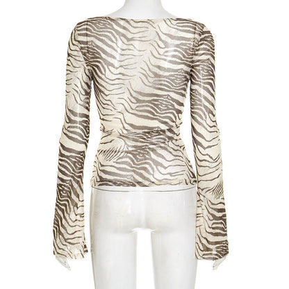 Long sleeve striped print mesh top  | Festival Outfits Women